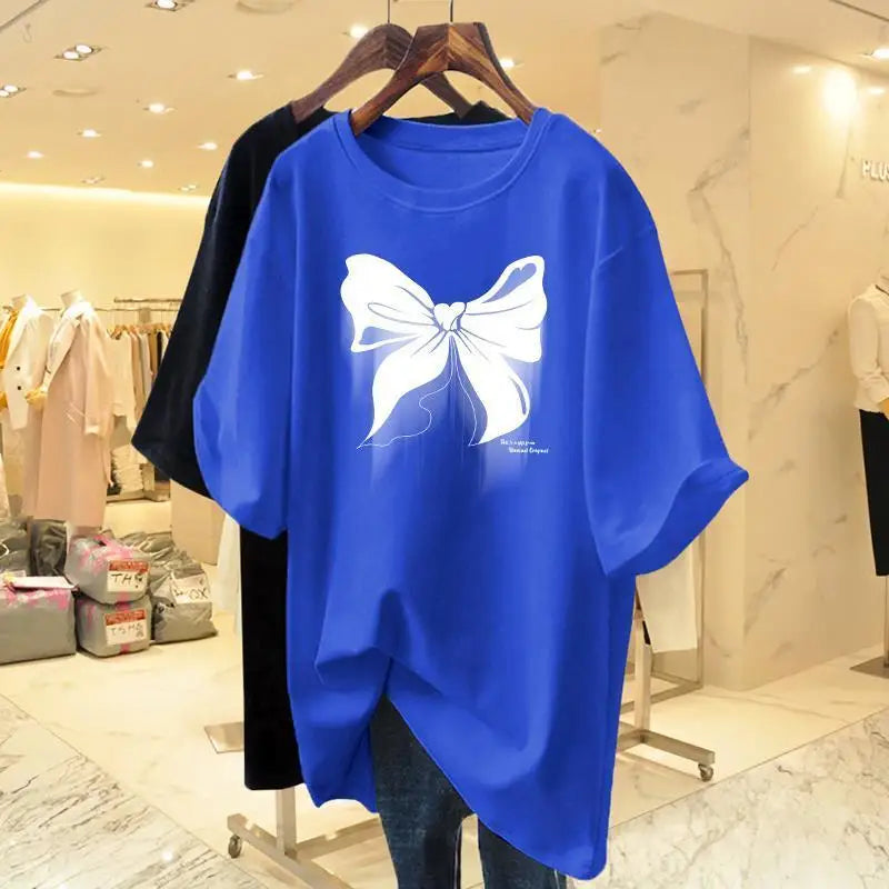 White Cotton Loose Round Neck Bow Short Sleeve T-shirt Women's Mid Length 2023 Summer