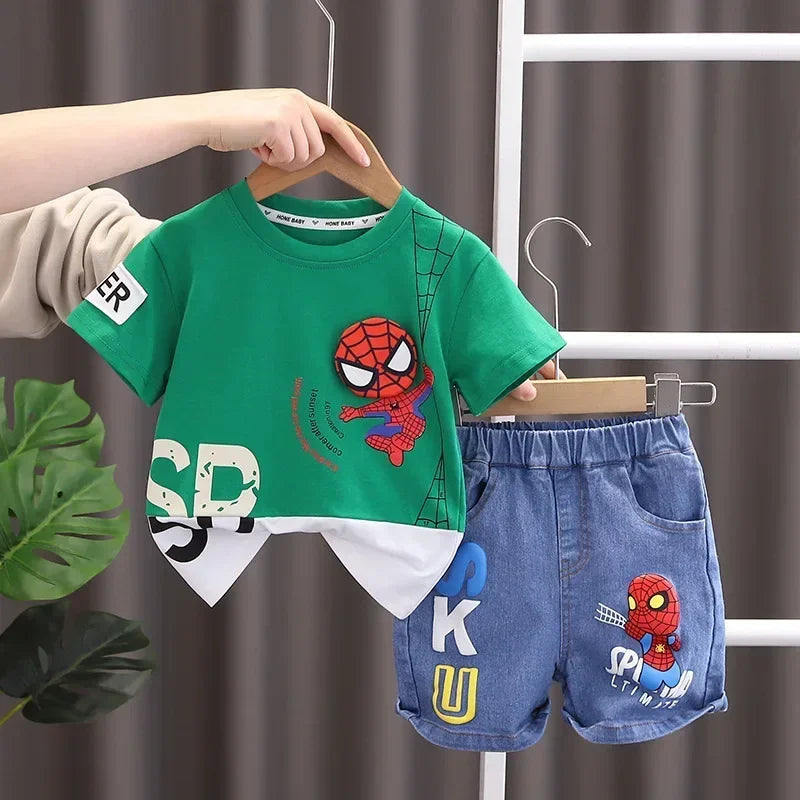 2024 Summer Baby Boys Spiderman Short Sleeve T-shirt+Jeans Sets Clothes Kids Fashion Clothing Outfits