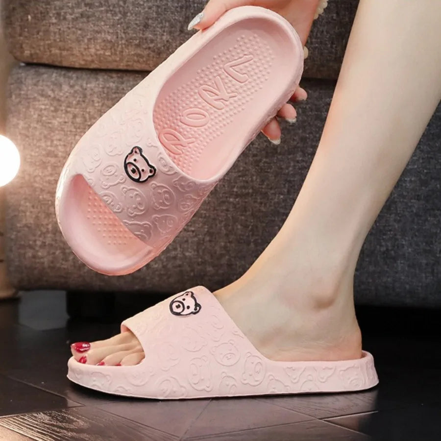 New Fashion Women's Slippers Indoor Soft Sole Cartoon Bear Print Slides Bathroom EVA Indoor Men