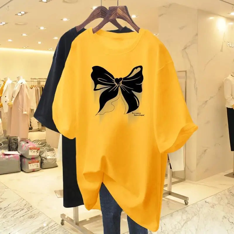 White Cotton Loose Round Neck Bow Short Sleeve T-shirt Women's Mid Length 2023 Summer