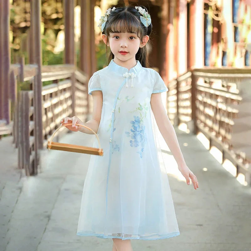 Tang Girls Casual Dresses Chinese Kids Clothes Perform Cheongsams Fashion Girl Hanfu Dress Summer