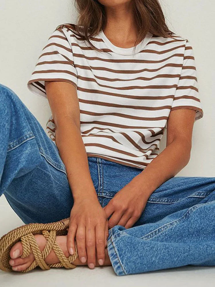 Summer Short Sleeve Striped T-Shirts Women Knitted Basic Casual Tops Female Cozy Loose Cotton Tee
