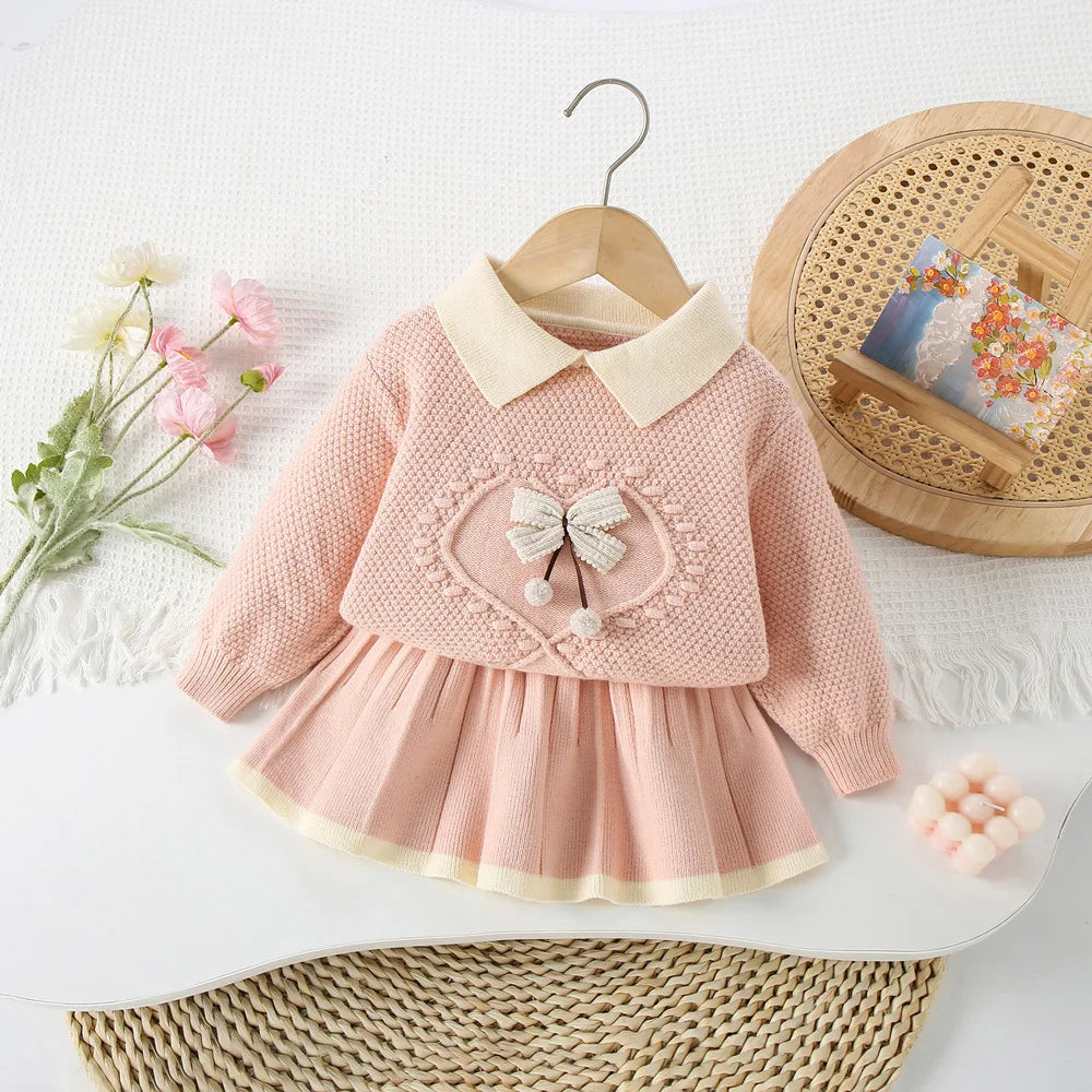 MILANCEL New Autumn Kids Sweater Set 9M-5T Cute Bow Girls Knitted Pullover +Skirts Korean Version Children