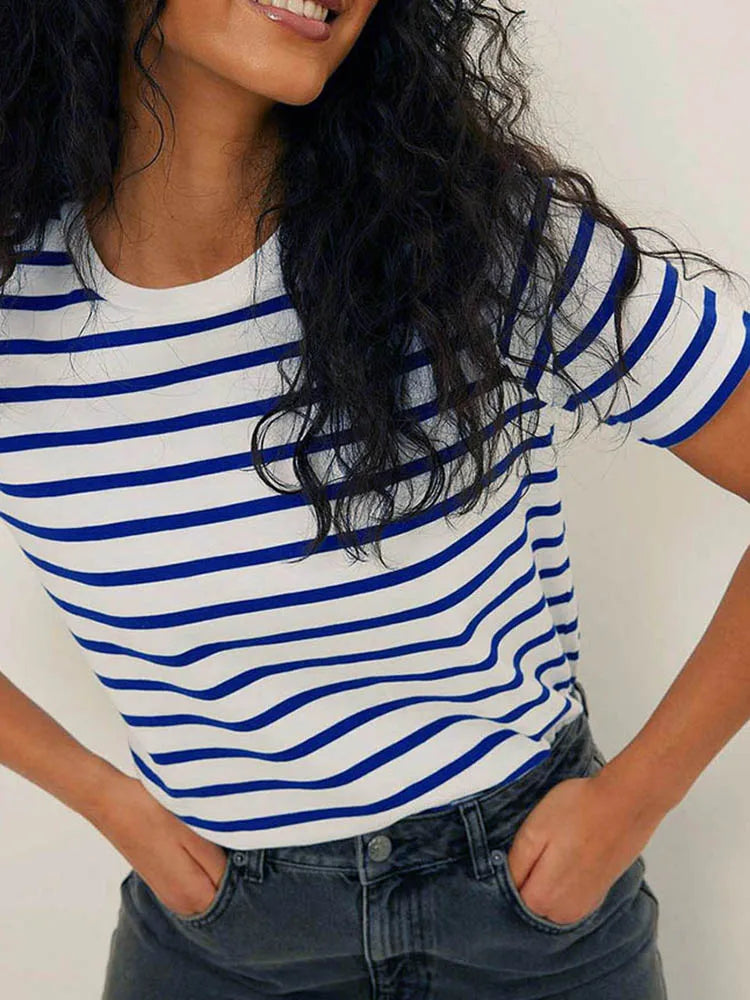 Summer Short Sleeve Striped T-Shirts Women Knitted Basic Casual Tops Female Cozy Loose Cotton Tee