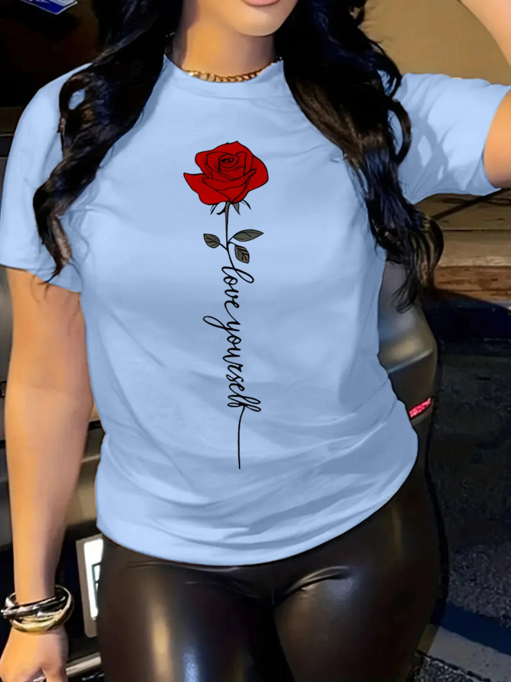Summer women's fashionable casual loose I love you rose print round neck short sleeved comfortable T-shirt