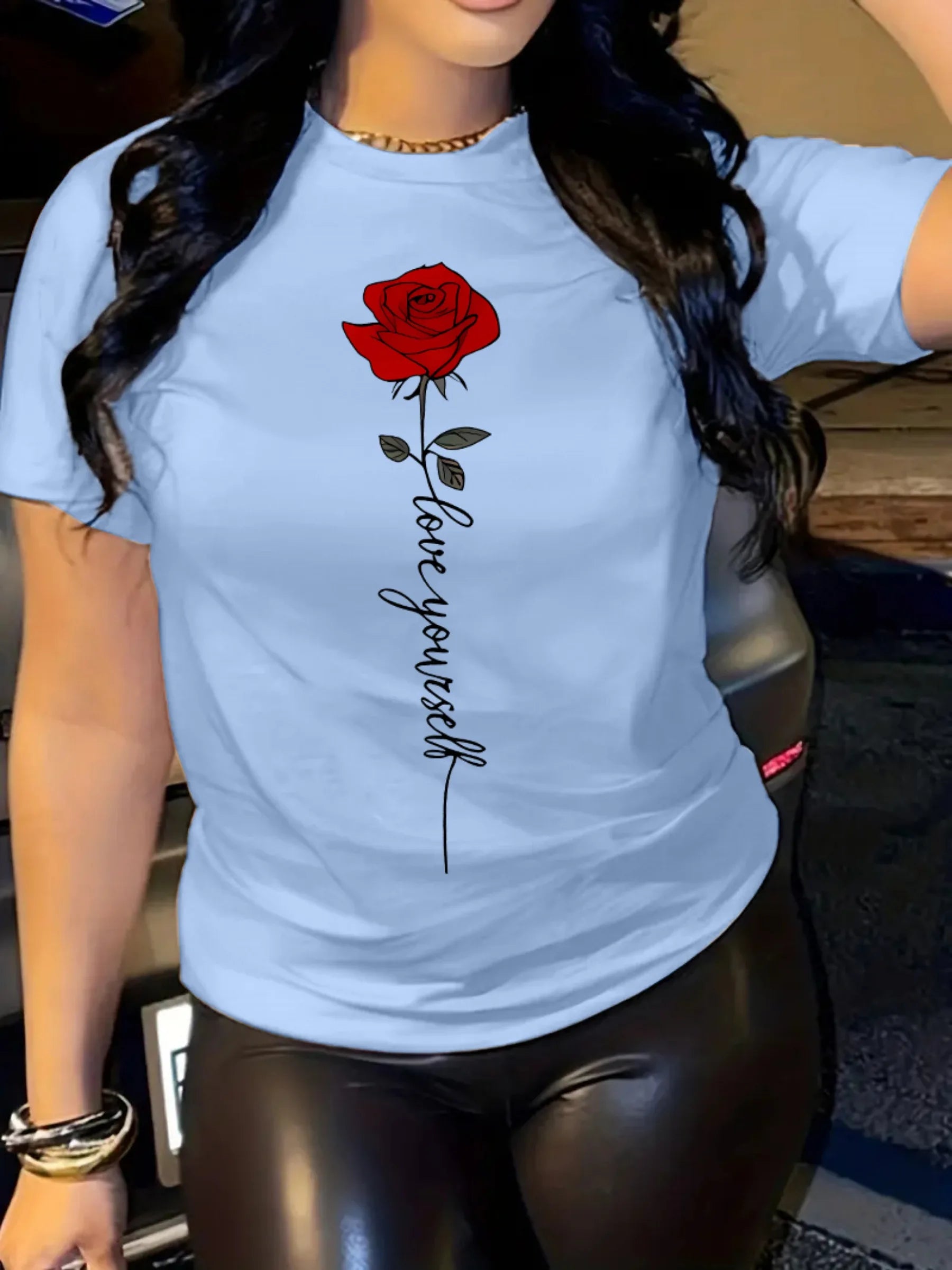 Summer women's fashionable casual loose I love you rose print round neck short sleeved comfortable T-shirt