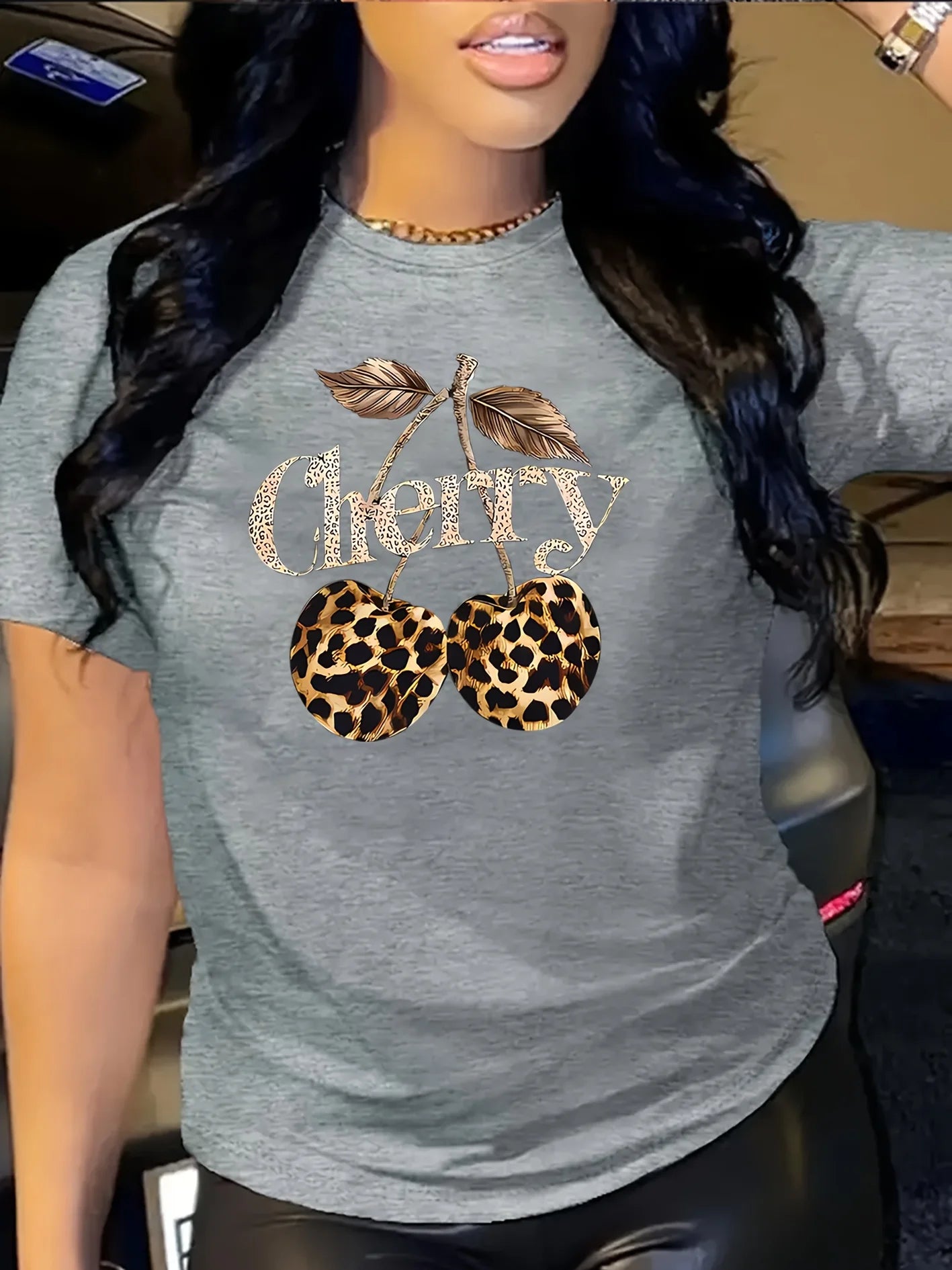 Women's Casual Cherry Print T-Shirt with Leopard Print Cherries & Letter Design - Short Sleeve, Crew Neck