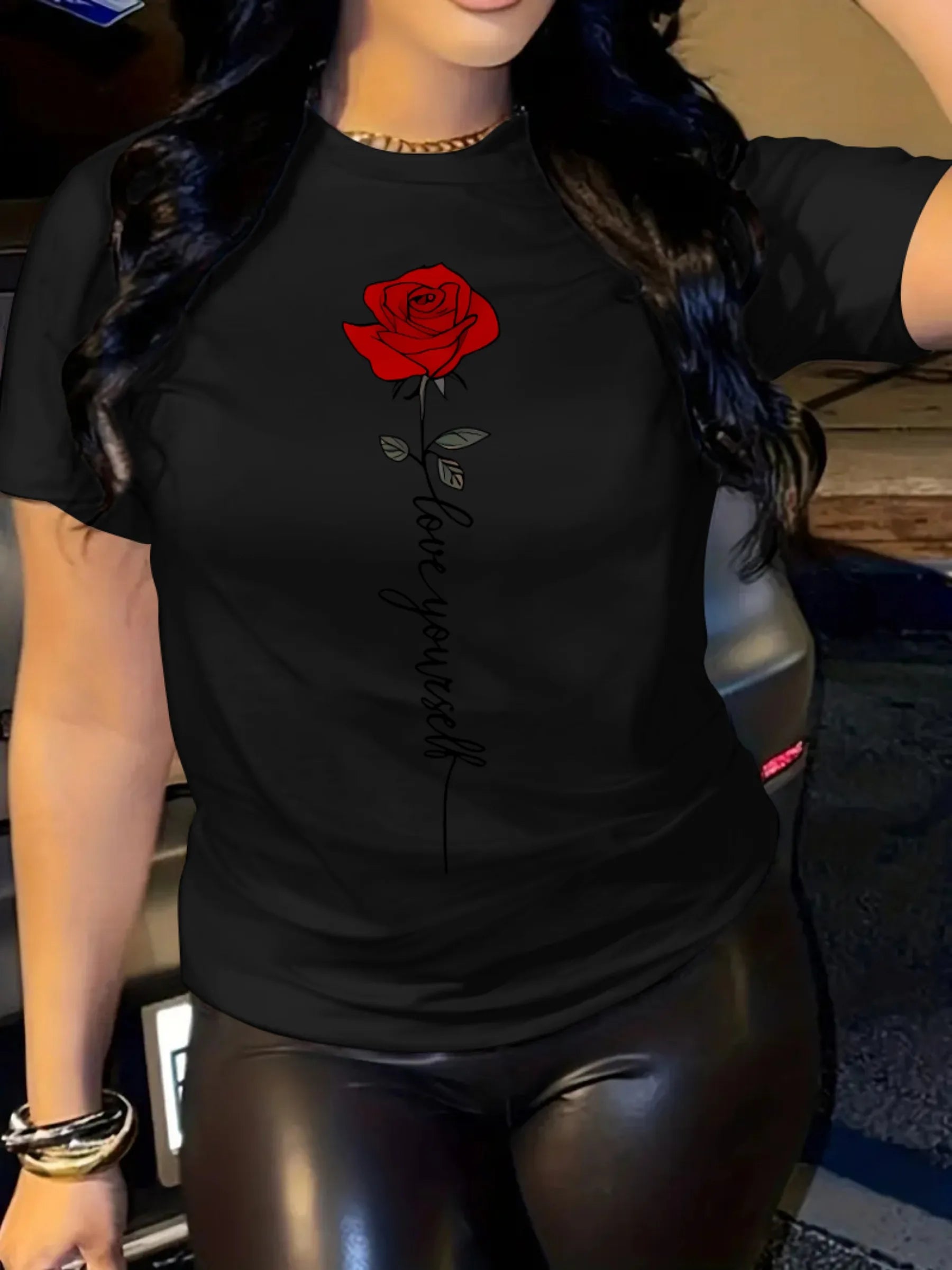 Summer women's fashionable casual loose I love you rose print round neck short sleeved comfortable T-shirt