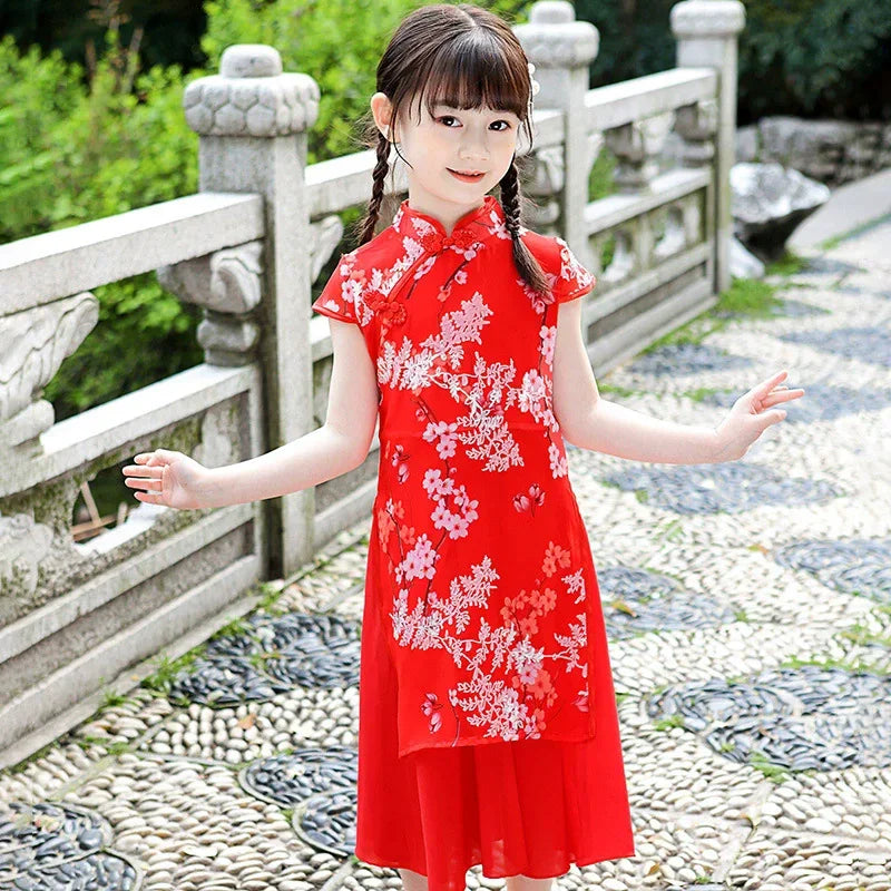 Tang Girls Casual Dresses Chinese Kids Clothes Perform Cheongsams Fashion Girl Hanfu Dress Summer
