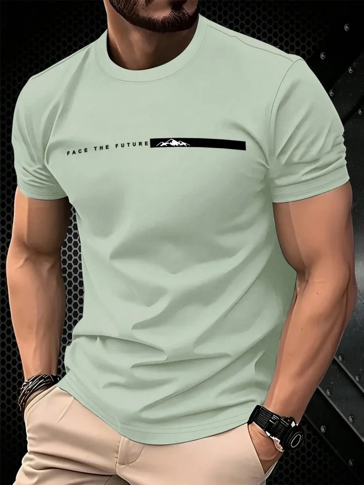 Summer men's casual sports loose oversized simple letter pattern printed round neck short sleeved T-shirt top