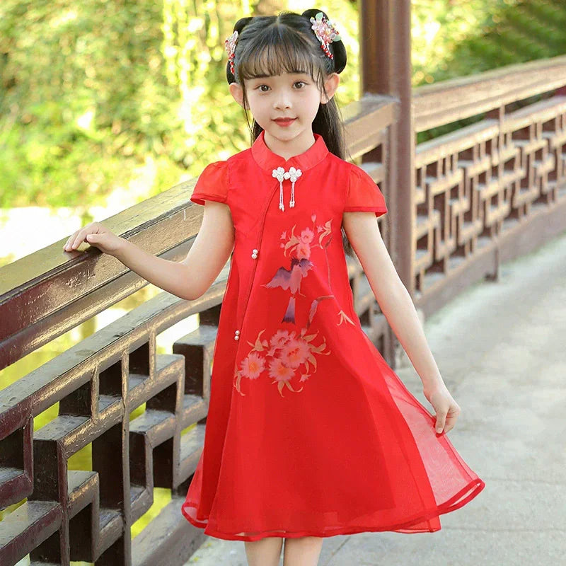 Tang Girls Casual Dresses Chinese Kids Clothes Perform Cheongsams Fashion Girl Hanfu Dress Summer