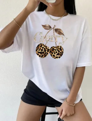 Women's Casual Cherry Print T-Shirt with Leopard Print Cherries & Letter Design - Short Sleeve, Crew Neck