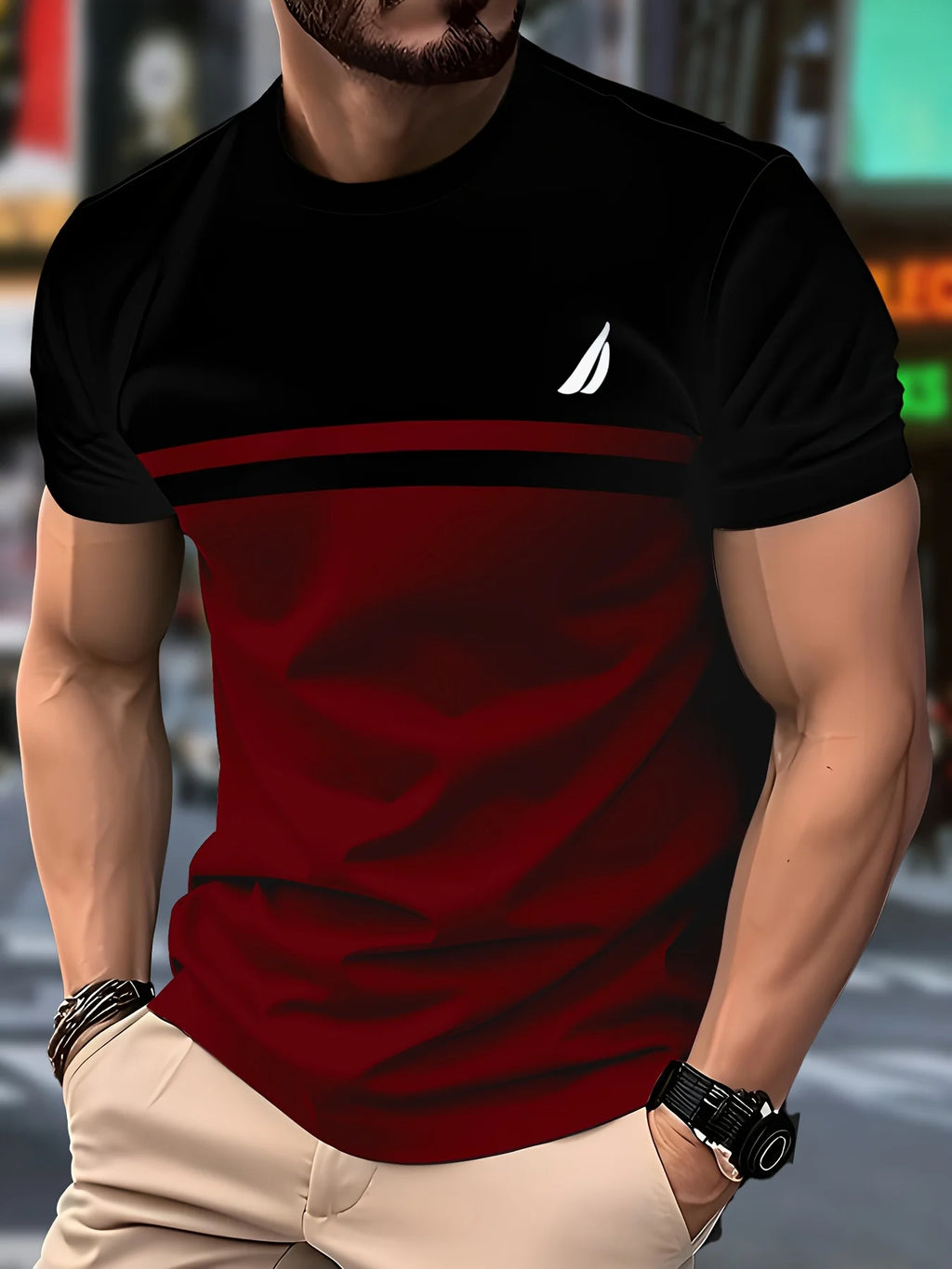 Men'S Novelty 3D Crew Neck T-Shirt,Casual Polyester Knit Fabric with Slight Stretch,Regular Fit,with Striped Pattern