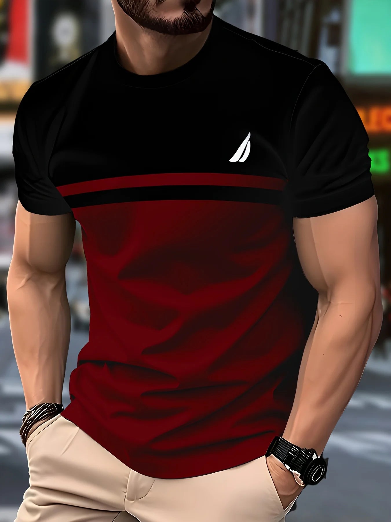 Men'S Novelty 3D Crew Neck T-Shirt,Casual Polyester Knit Fabric with Slight Stretch,Regular Fit,with Striped Pattern