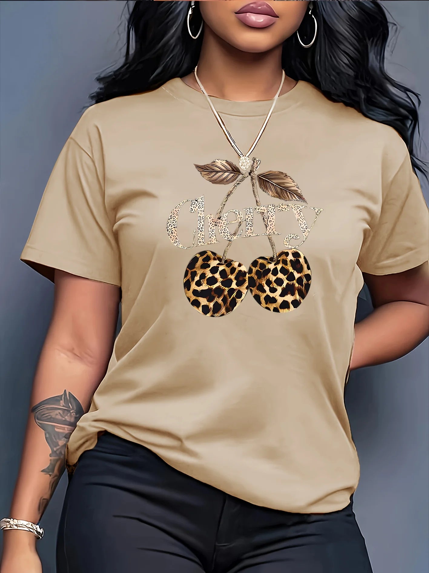 Women's Casual Cherry Print T-Shirt with Leopard Print Cherries & Letter Design - Short Sleeve, Crew Neck
