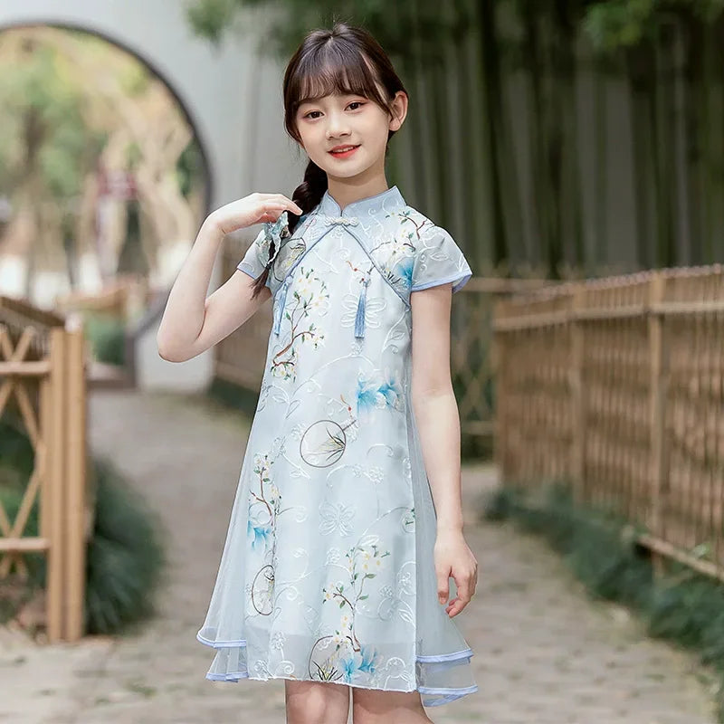 Tang Girls Casual Dresses Chinese Kids Clothes Perform Cheongsams Fashion Girl Hanfu Dress Summer