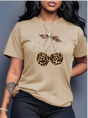 Women's Casual Cherry Print T-Shirt with Leopard Print Cherries & Letter Design - Short Sleeve, Crew Neck