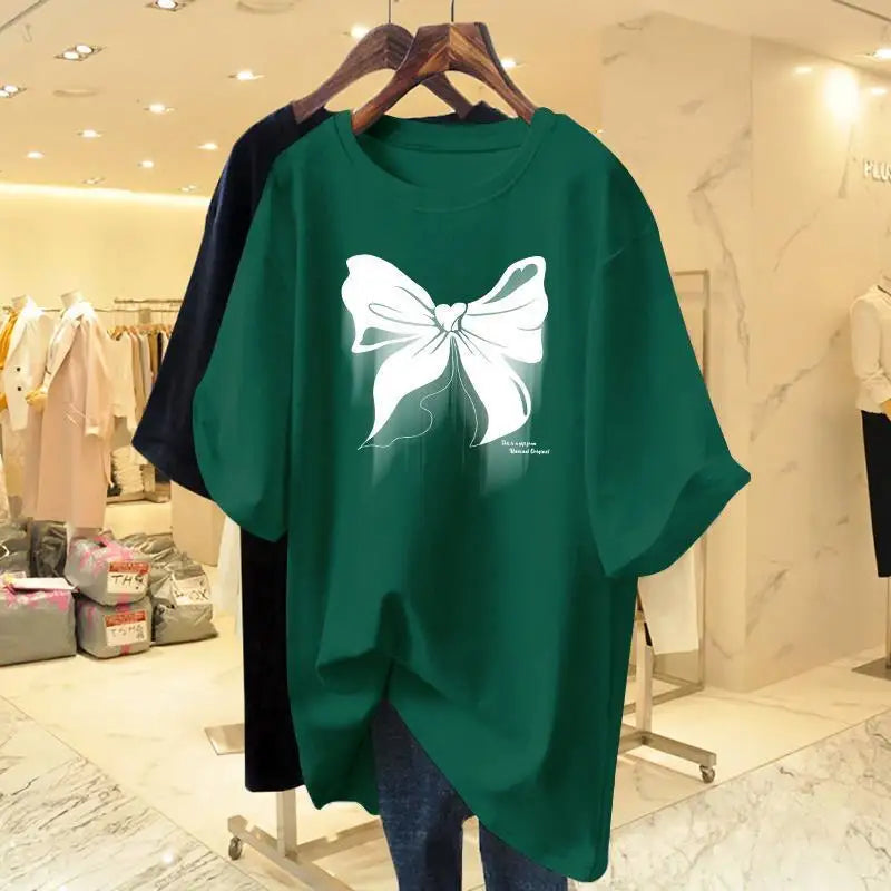 White Cotton Loose Round Neck Bow Short Sleeve T-shirt Women's Mid Length 2023 Summer