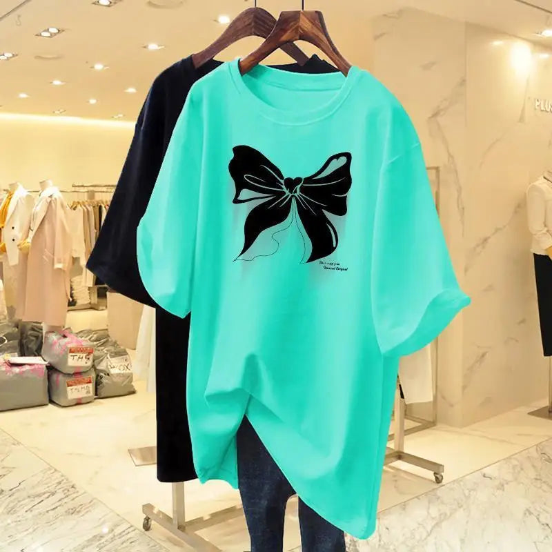 White Cotton Loose Round Neck Bow Short Sleeve T-shirt Women's Mid Length 2023 Summer