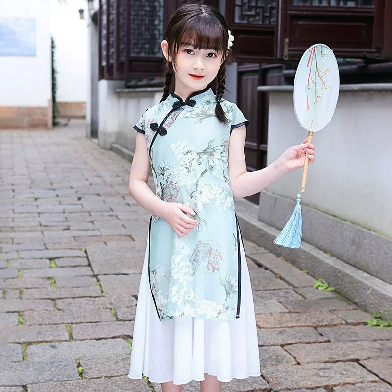 Tang Girls Casual Dresses Chinese Kids Clothes Perform Cheongsams Fashion Girl Hanfu Dress Summer