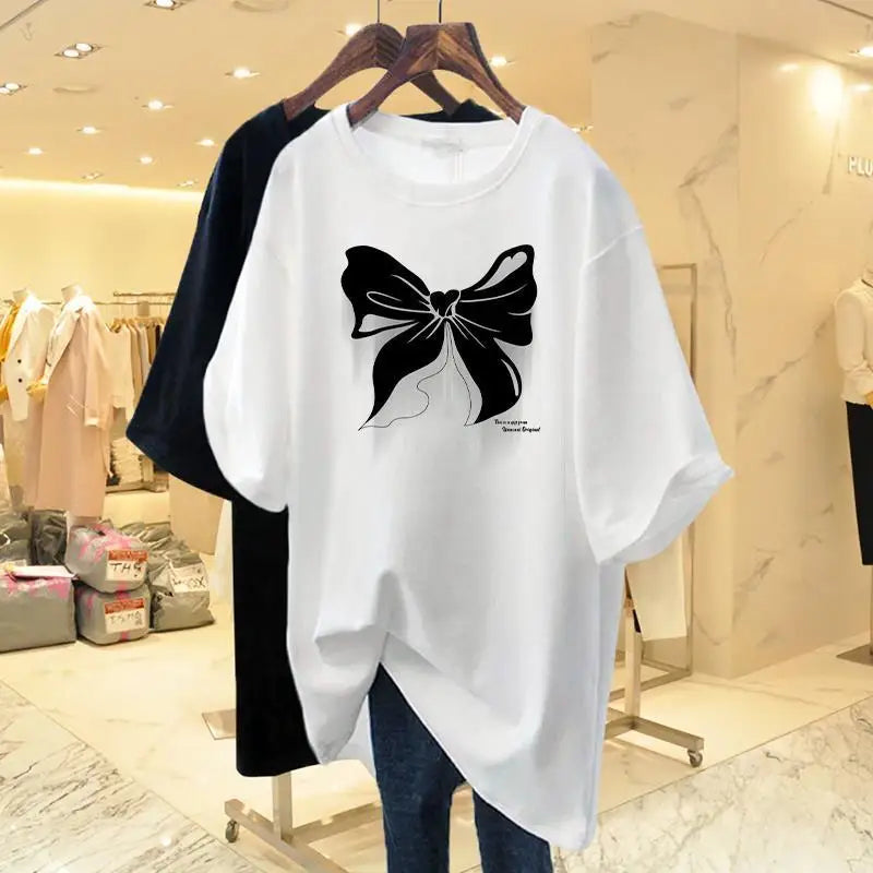 White Cotton Loose Round Neck Bow Short Sleeve T-shirt Women's Mid Length 2023 Summer
