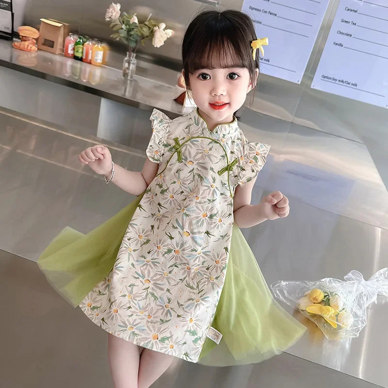 Tang Girls Casual Dresses Chinese Kids Clothes Perform Cheongsams Fashion Girl Hanfu Dress Summer