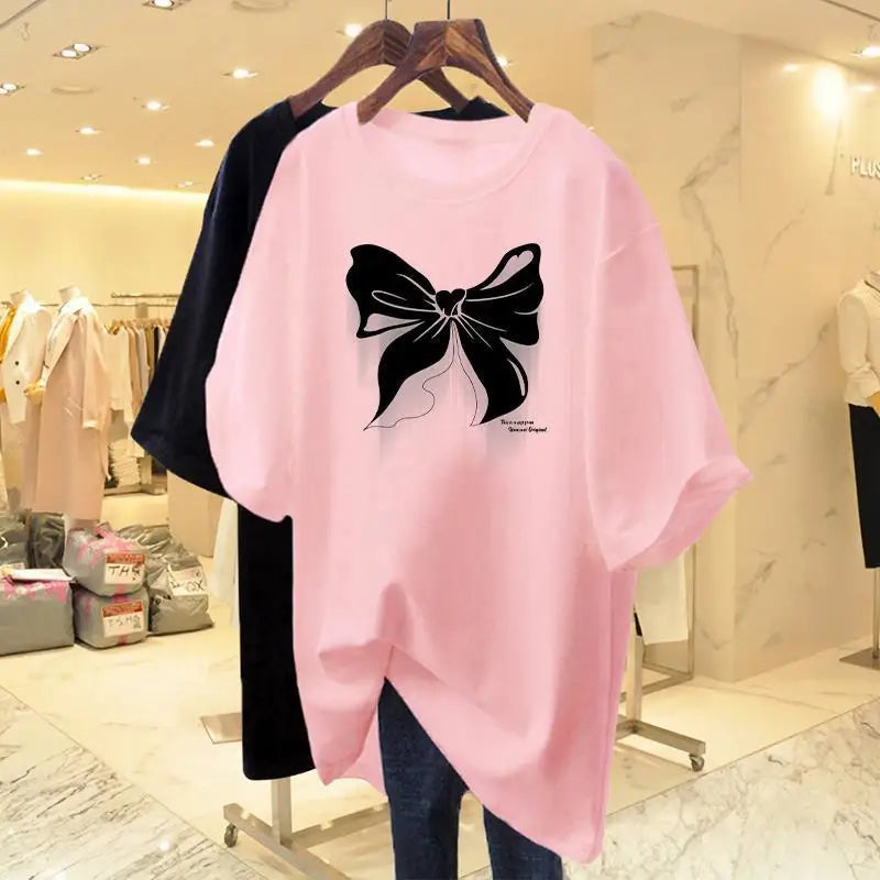White Cotton Loose Round Neck Bow Short Sleeve T-shirt Women's Mid Length 2023 Summer