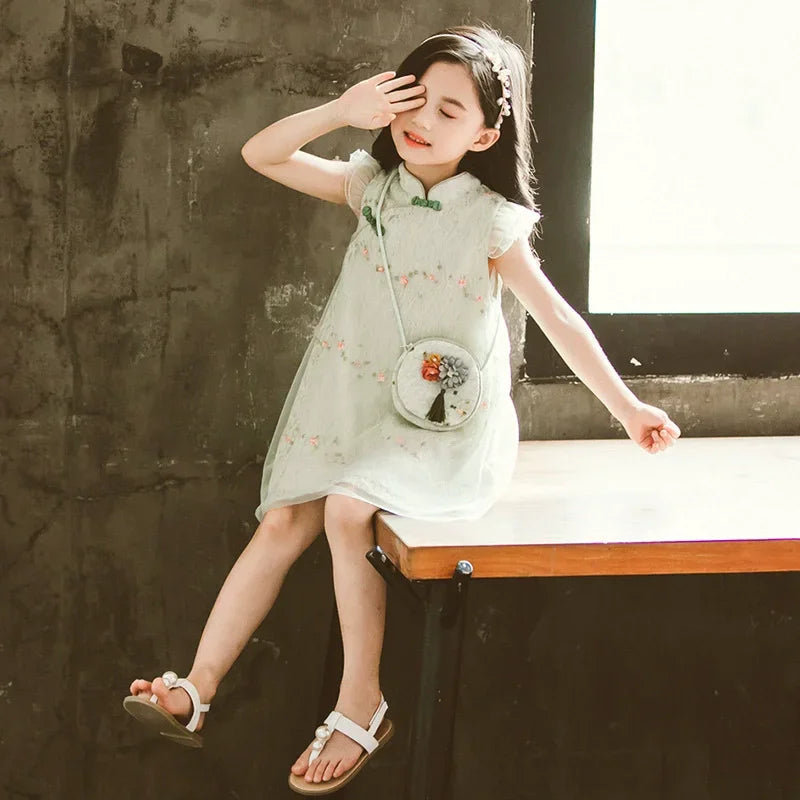 Tang Girls Casual Dresses Chinese Kids Clothes Perform Cheongsams Fashion Girl Hanfu Dress Summer