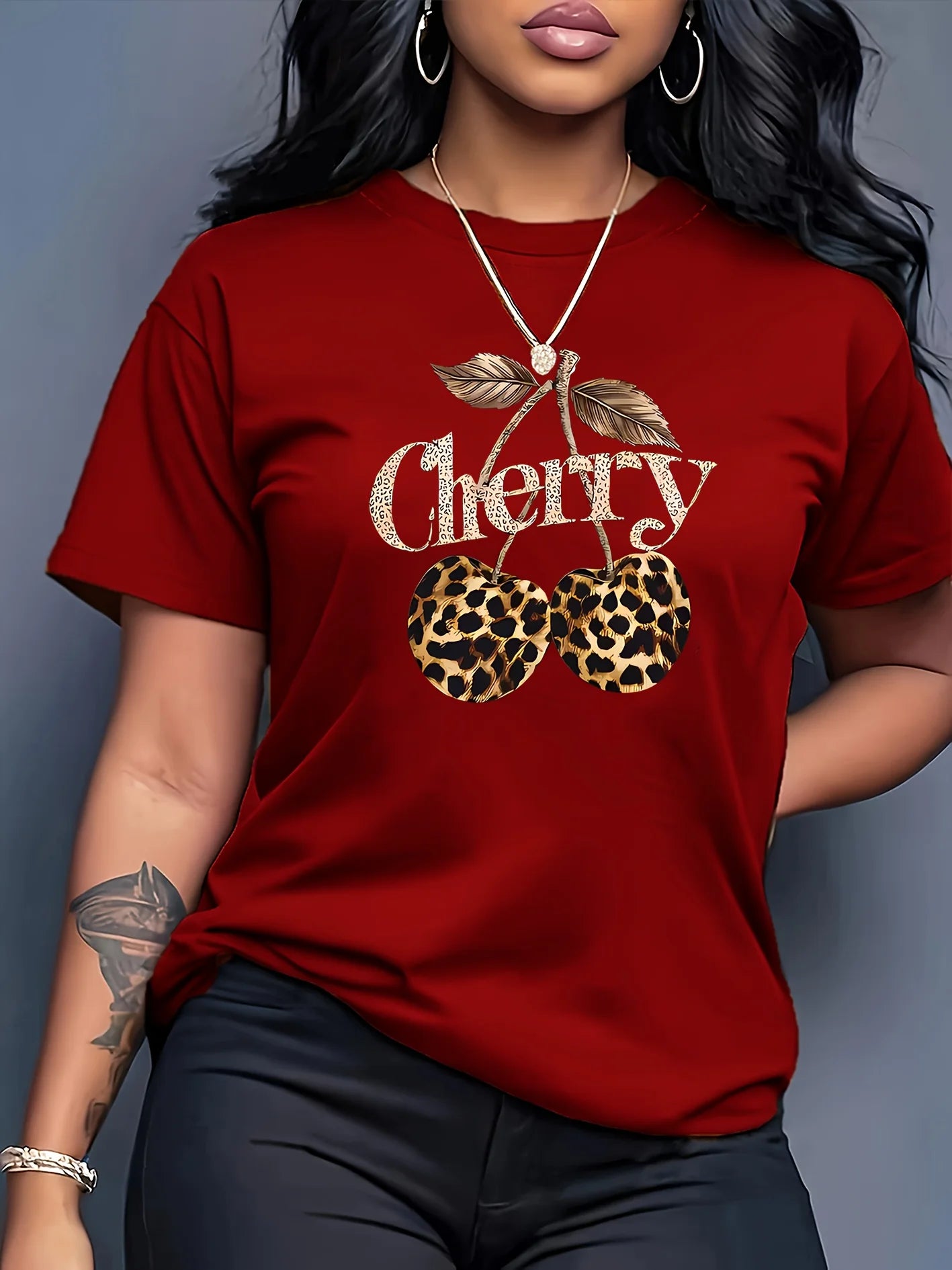 Women's Casual Cherry Print T-Shirt with Leopard Print Cherries & Letter Design - Short Sleeve, Crew Neck