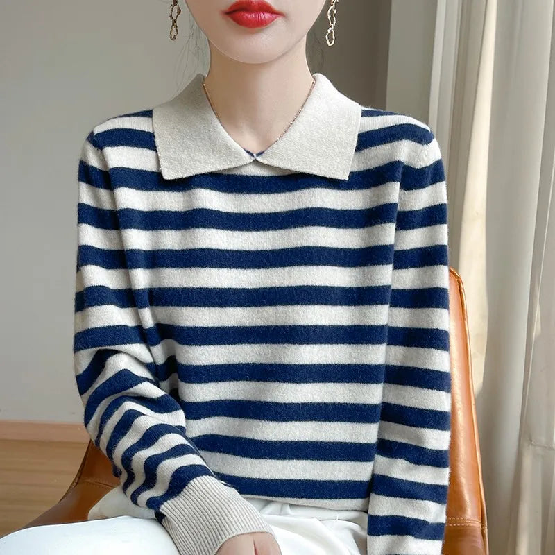 Autumn Winter Woman 100% Merino Wool Sweater POLO Collar Pullover Colorful Stripes Knitwear