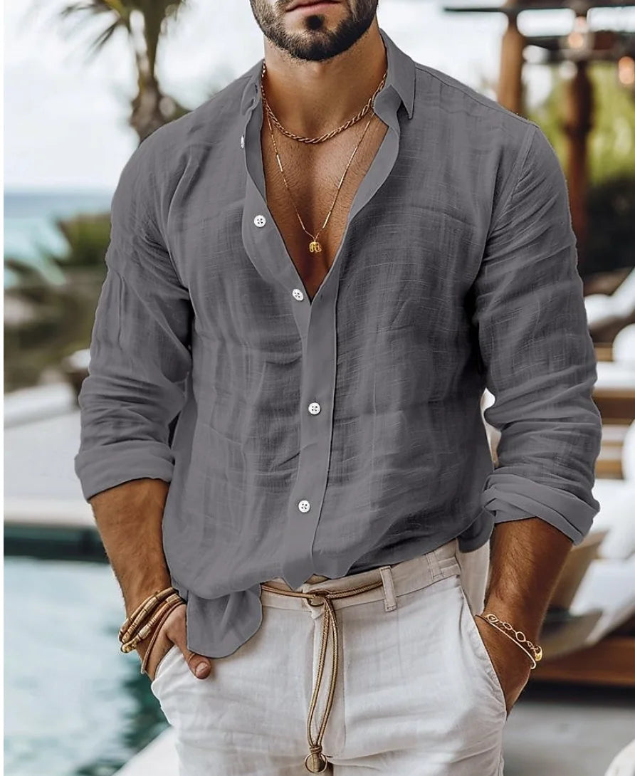 Men's cotton Linen Shirt Button Up  Summer Shirt Beach Shirt   Long Sleeve Plain Lapel Spring & Summer