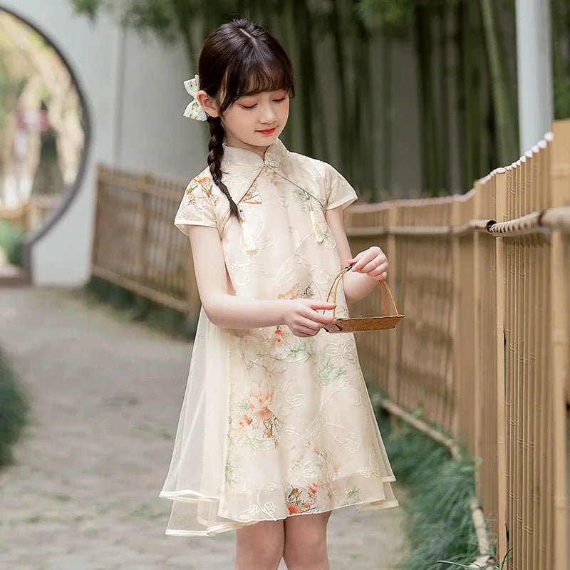 Tang Girls Casual Dresses Chinese Kids Clothes Perform Cheongsams Fashion Girl Hanfu Dress Summer