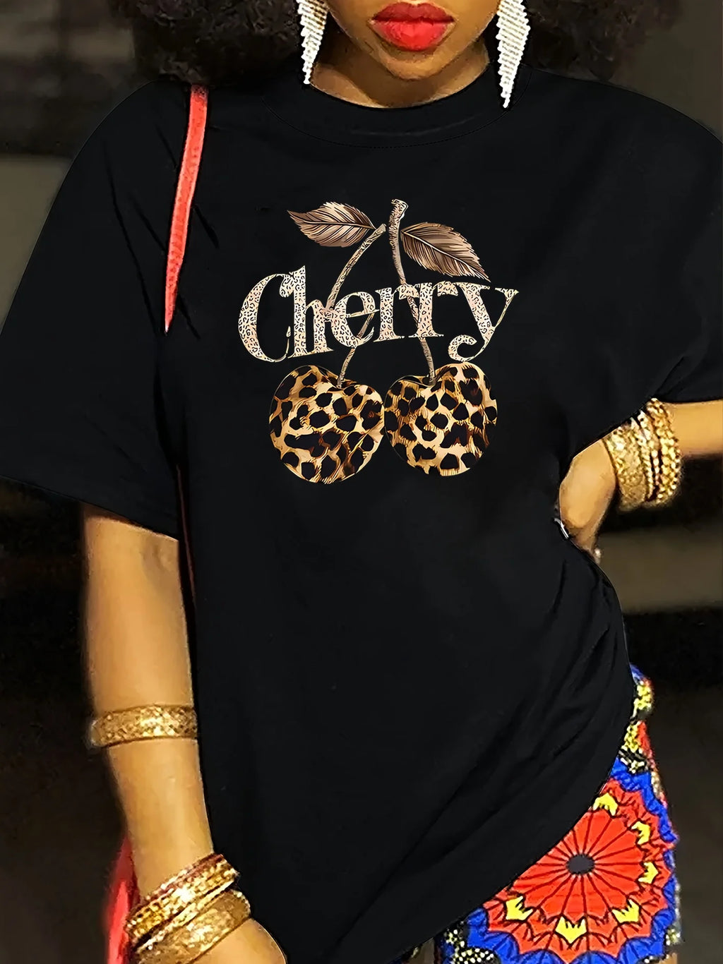 Women's Casual Cherry Print T-Shirt with Leopard Print Cherries & Letter Design - Short Sleeve, Crew Neck