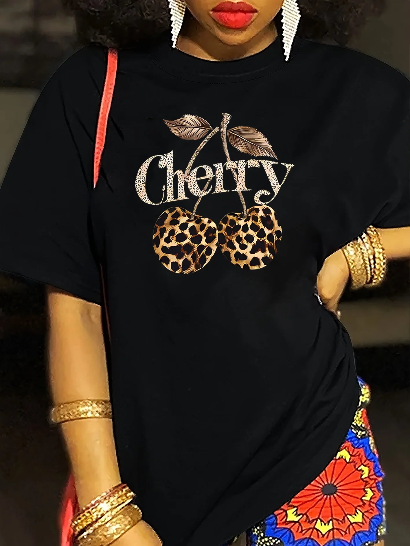 Women's Casual Cherry Print T-Shirt with Leopard Print Cherries & Letter Design - Short Sleeve, Crew Neck