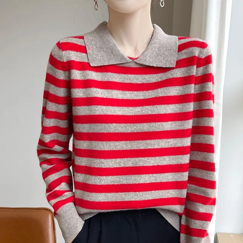 Autumn Winter Woman 100% Merino Wool Sweater POLO Collar Pullover Colorful Stripes Knitwear