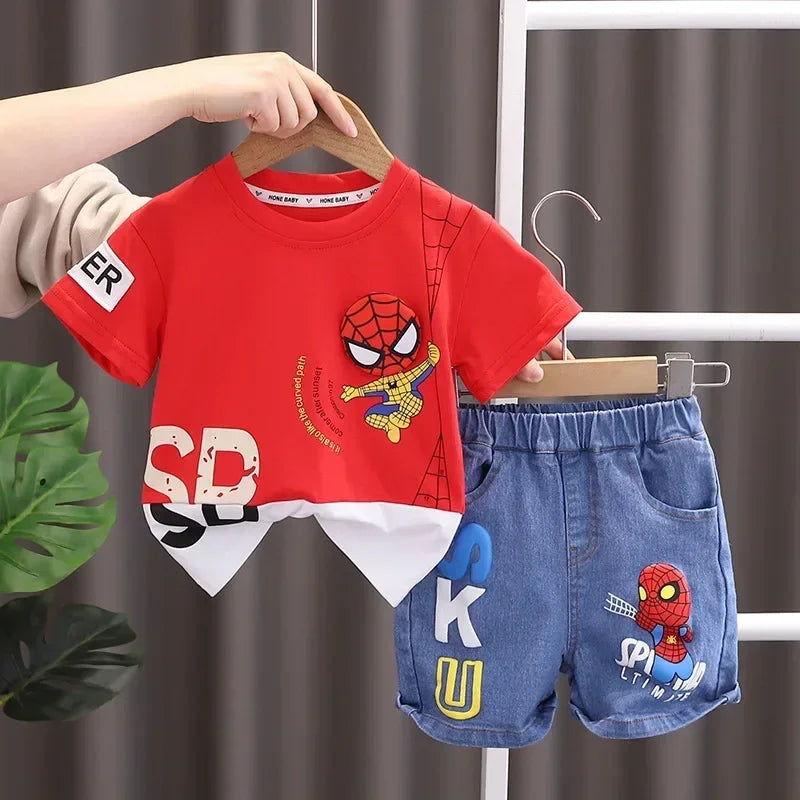 2024 Summer Baby Boys Spiderman Short Sleeve T-shirt+Jeans Sets Clothes Kids Fashion Clothing Outfits
