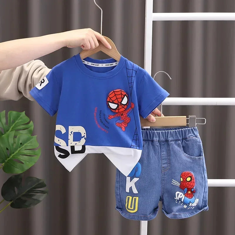 2024 Summer Baby Boys Spiderman Short Sleeve T-shirt+Jeans Sets Clothes Kids Fashion Clothing Outfits