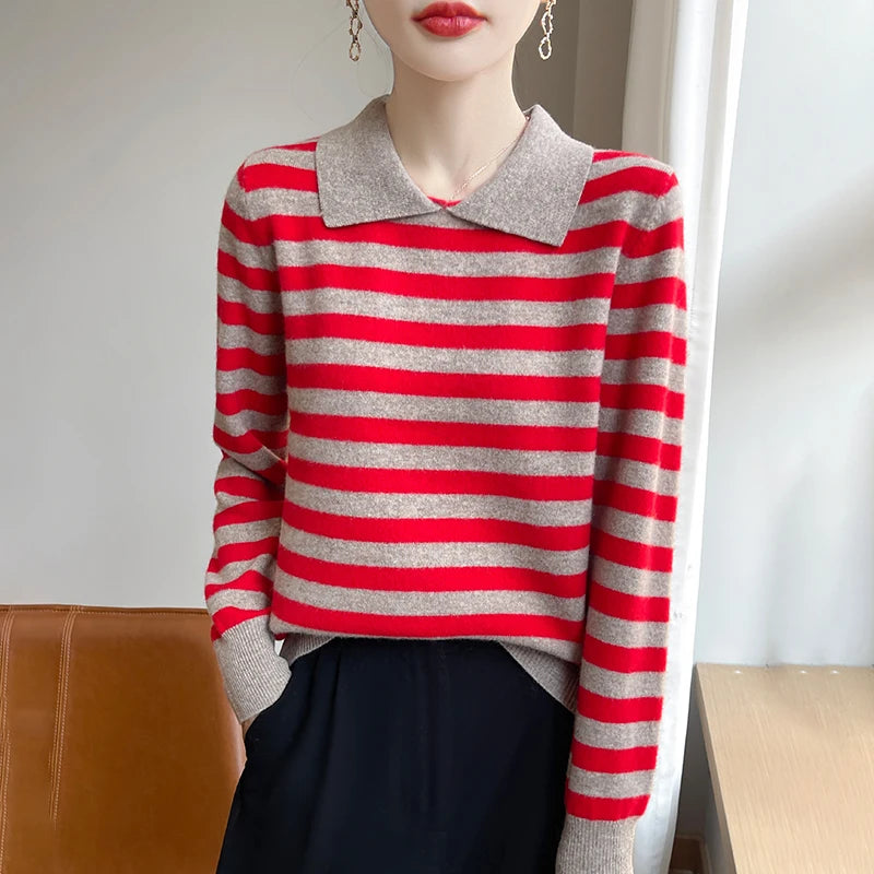 Autumn Winter Woman 100% Merino Wool Sweater POLO Collar Pullover Colorful Stripes Knitwear