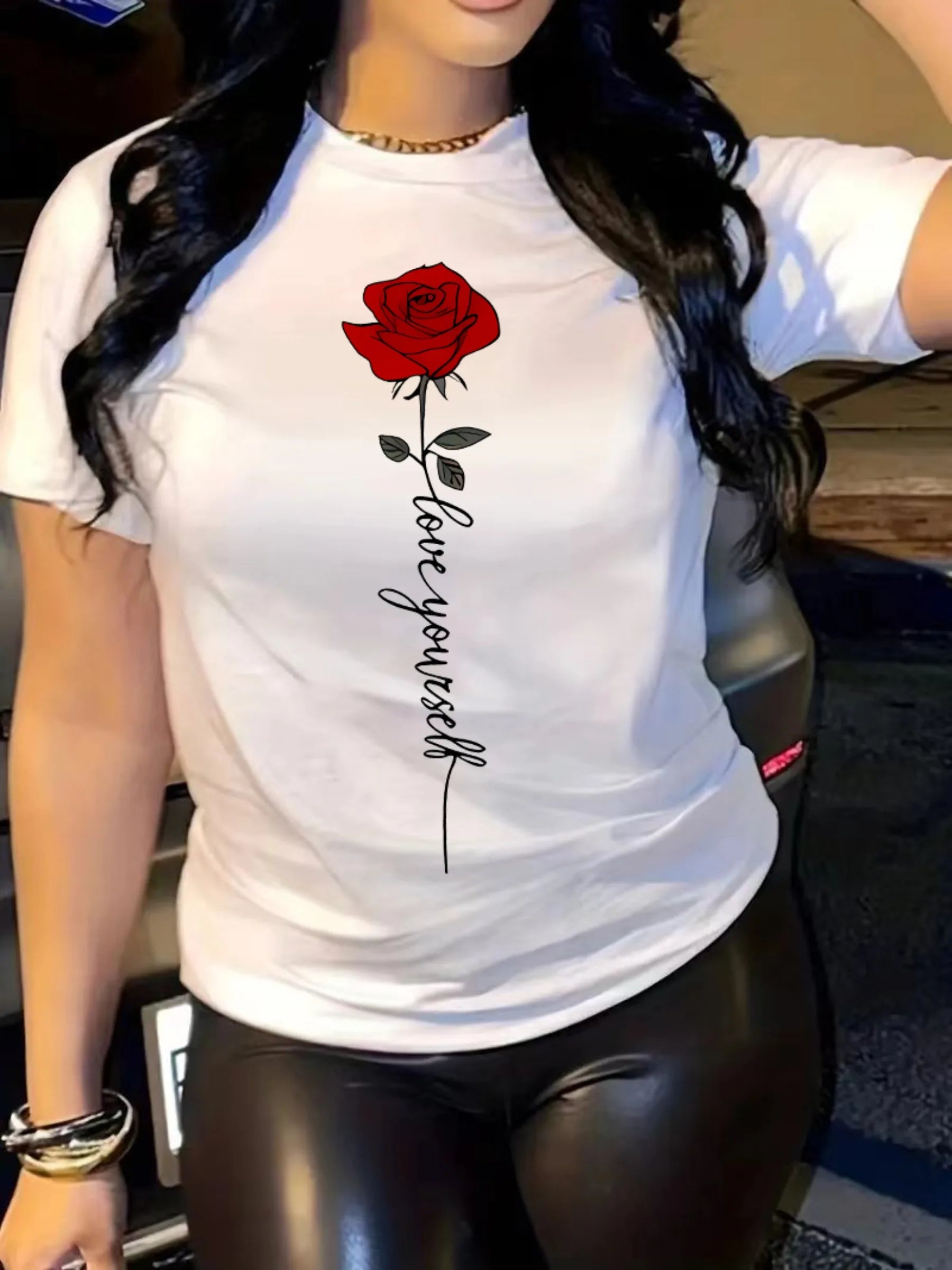 Summer women's fashionable casual loose I love you rose print round neck short sleeved comfortable T-shirt