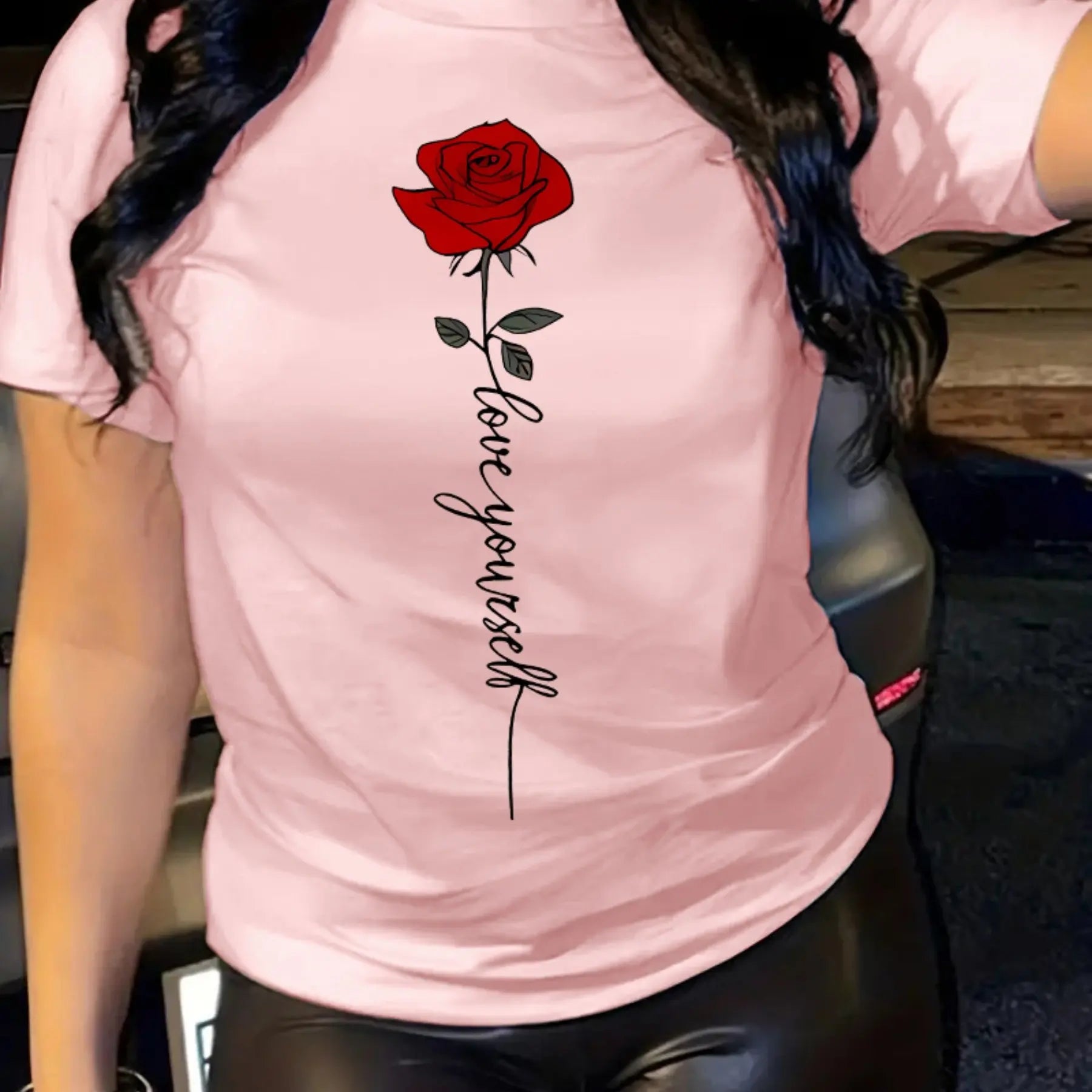 Summer women's fashionable casual loose I love you rose print round neck short sleeved comfortable T-shirt