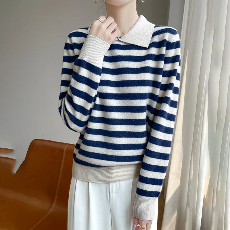 Autumn Winter Woman 100% Merino Wool Sweater POLO Collar Pullover Colorful Stripes Knitwear