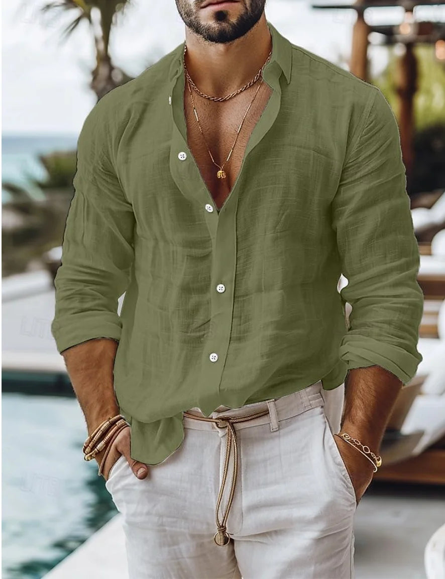 Men's cotton Linen Shirt Button Up  Summer Shirt Beach Shirt   Long Sleeve Plain Lapel Spring & Summer