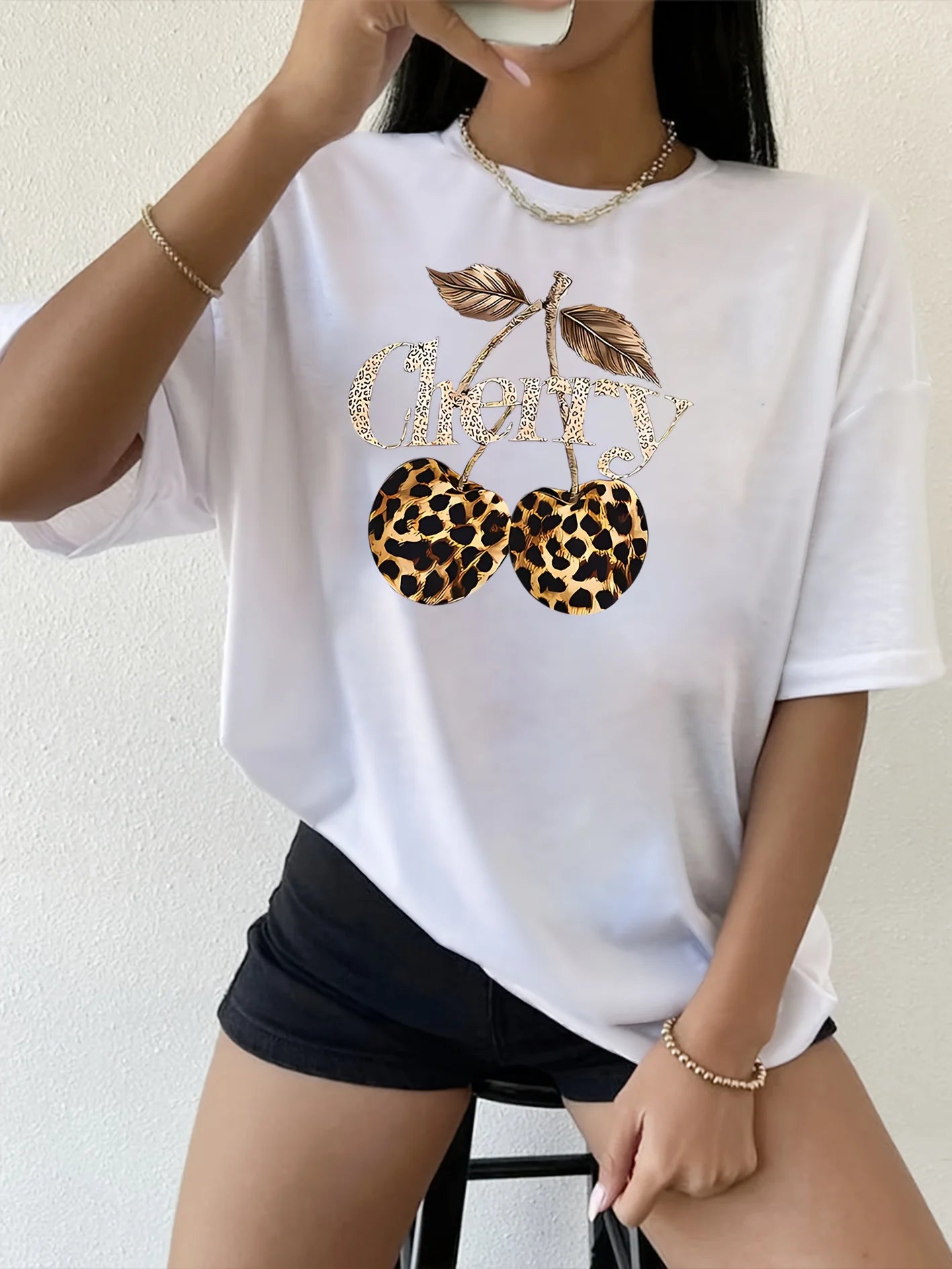 Women's Casual Cherry Print T-Shirt with Leopard Print Cherries & Letter Design - Short Sleeve, Crew Neck