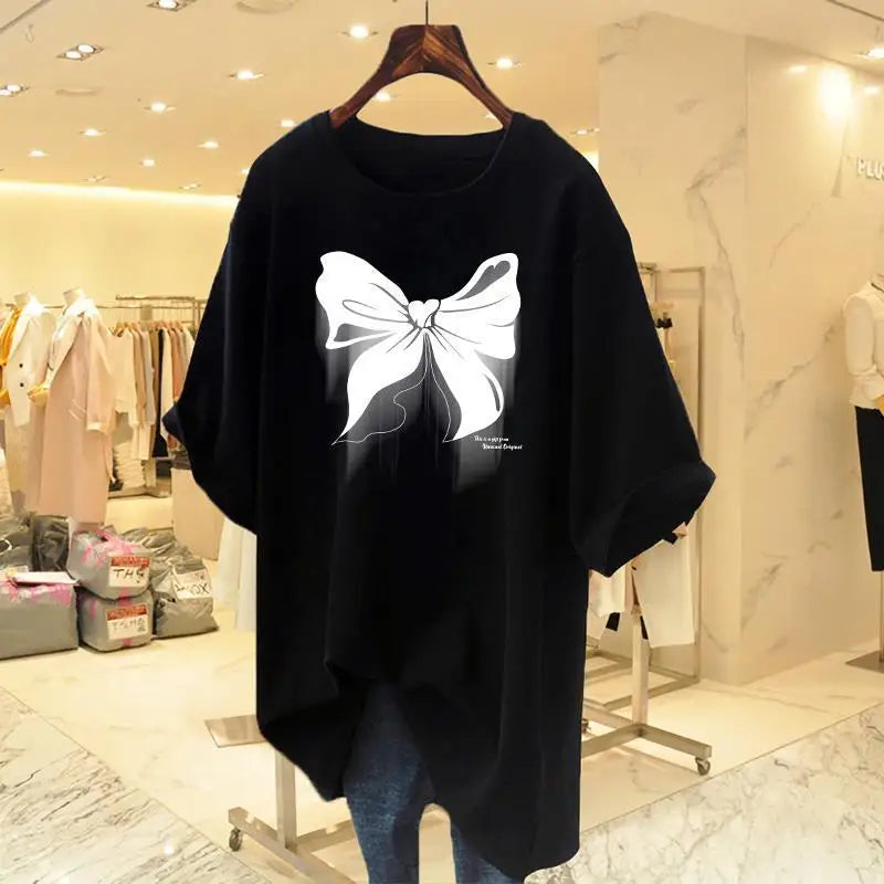 White Cotton Loose Round Neck Bow Short Sleeve T-shirt Women's Mid Length 2023 Summer