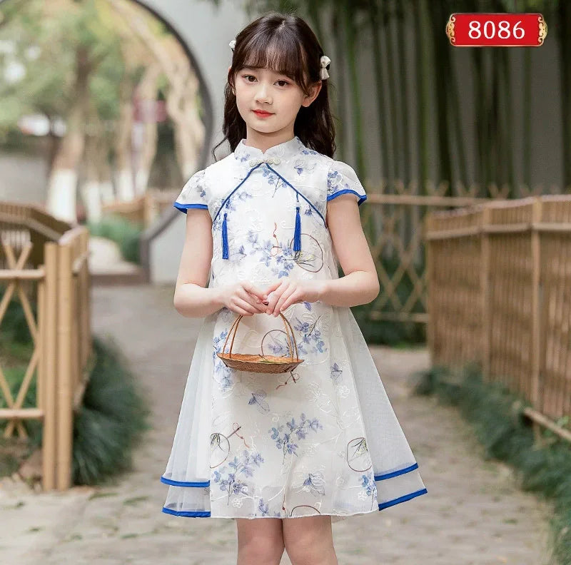 Tang Girls Casual Dresses Chinese Kids Clothes Perform Cheongsams Fashion Girl Hanfu Dress Summer