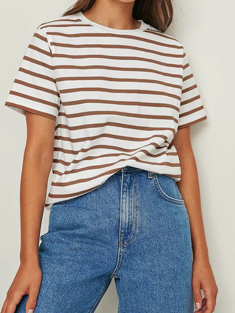 Summer Short Sleeve Striped T-Shirts Women Knitted Basic Casual Tops Female Cozy Loose Cotton Tee