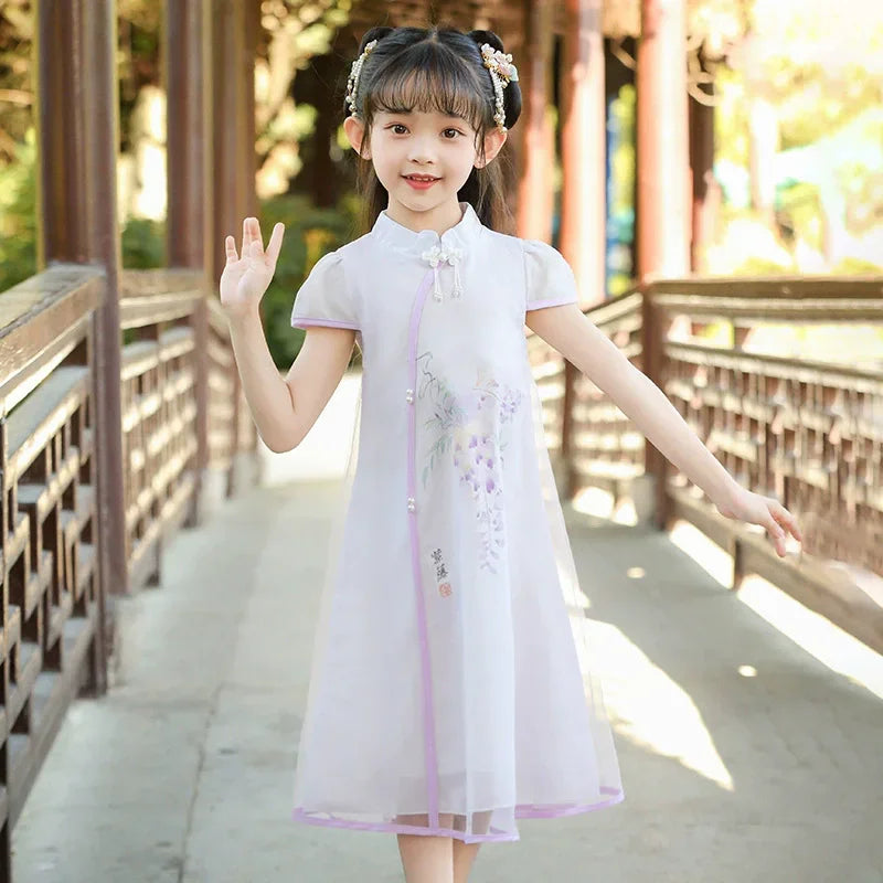 Tang Girls Casual Dresses Chinese Kids Clothes Perform Cheongsams Fashion Girl Hanfu Dress Summer