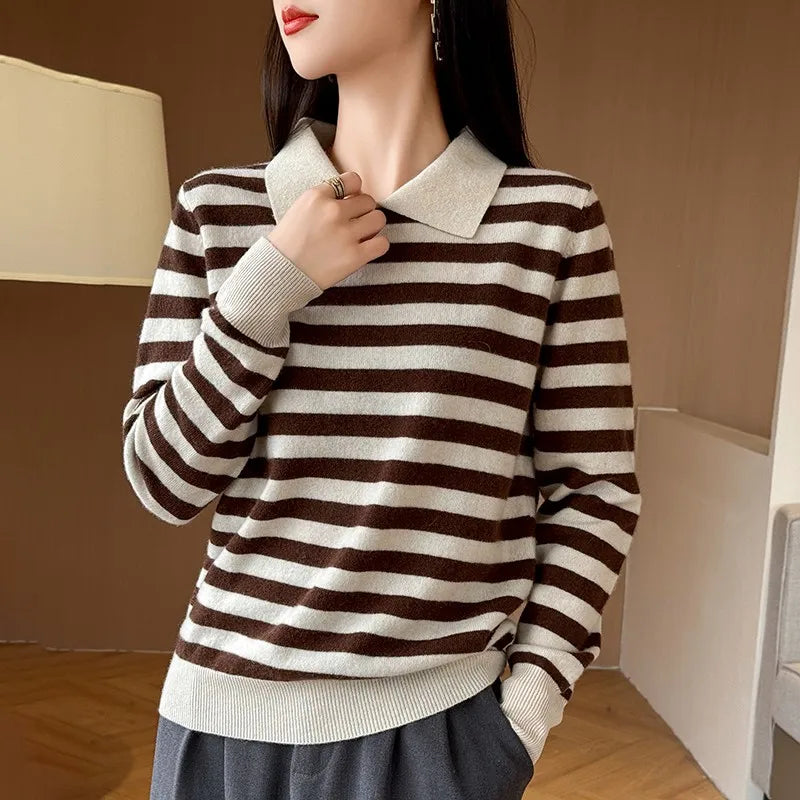 Autumn Winter Woman 100% Merino Wool Sweater POLO Collar Pullover Colorful Stripes Knitwear