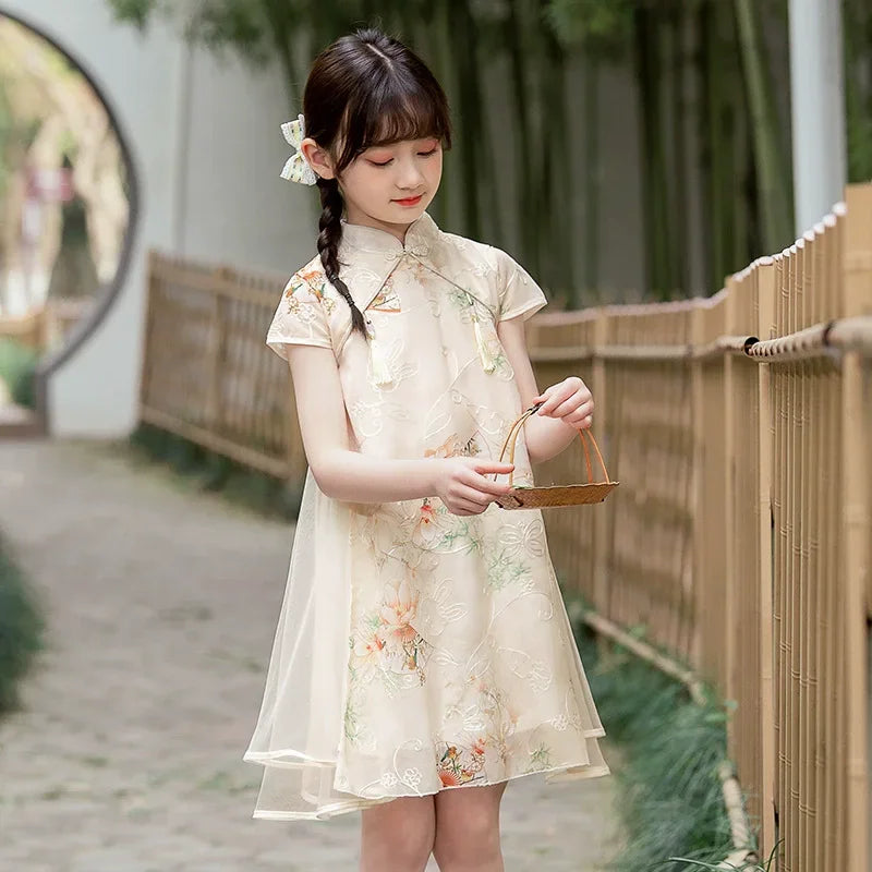 Tang Girls Casual Dresses Chinese Kids Clothes Perform Cheongsams Fashion Girl Hanfu Dress Summer