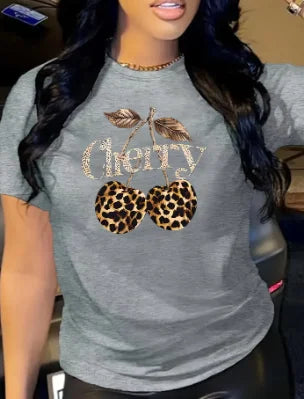 Women's Casual Cherry Print T-Shirt with Leopard Print Cherries & Letter Design - Short Sleeve, Crew Neck